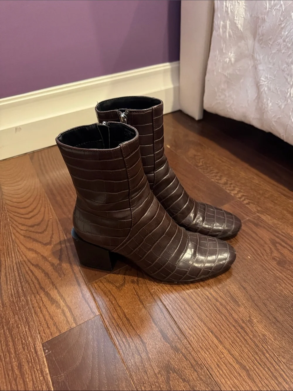 Zara Dark Brown Croc-Embossed Ankle Boots